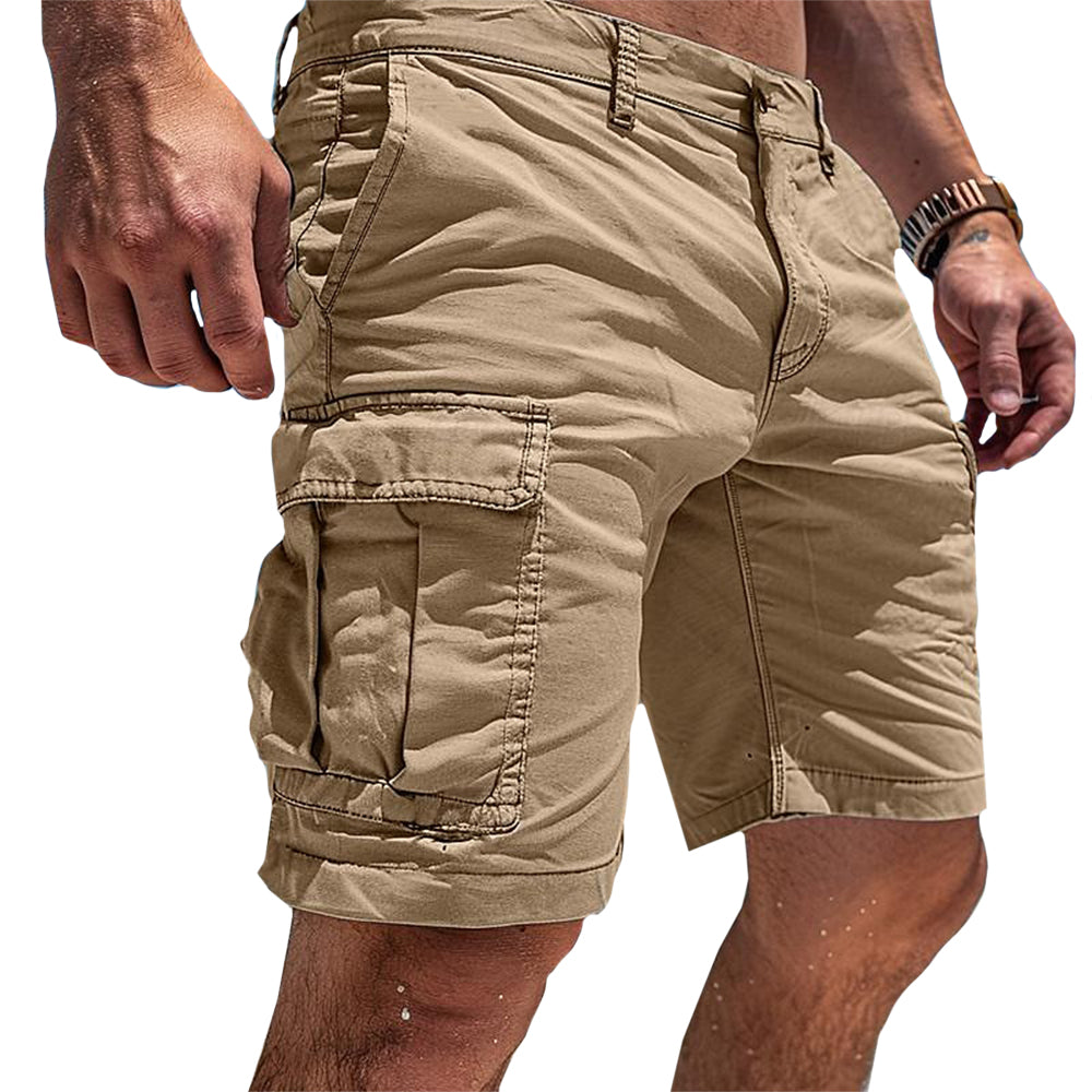 "James komfortable olivengrønne cargo-shorts, lett stoff med lommer for praktisk sommerbruk"