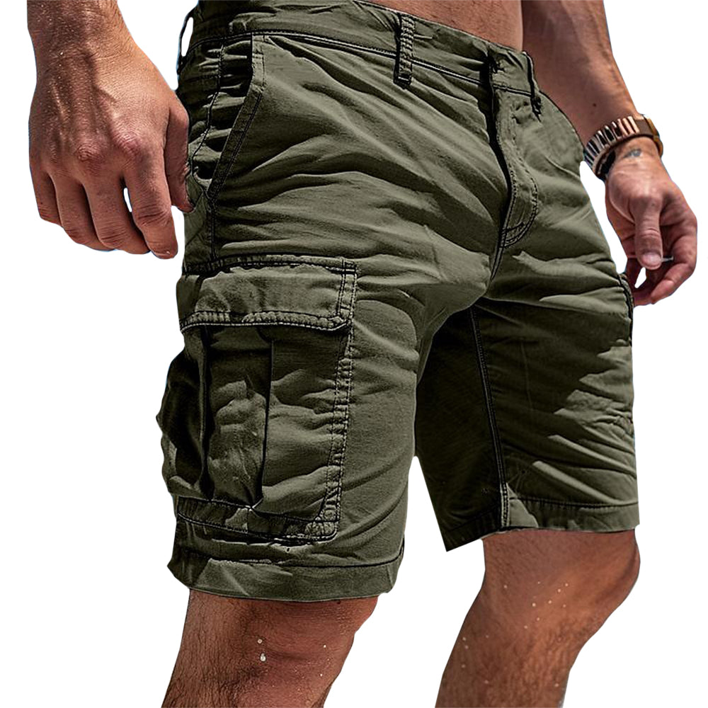 "James komfortable olivengrønne cargo-shorts, lett stoff med lommer for praktisk sommerbruk"