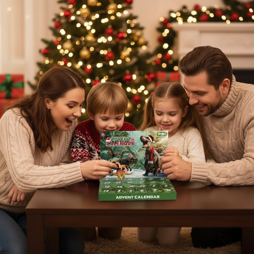Julekalender, dinosaurtema, viser nummererte luker og små, fargerike dinofigurer, gaveide for barn