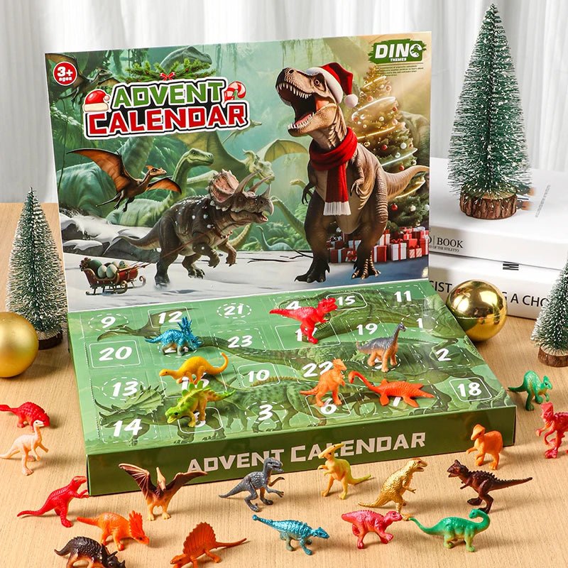 Nærbilde av en åpen luke på dinosaurjulekalenderen, avslører en miniatyr T-Rex leke, spennende adventsopplevelse