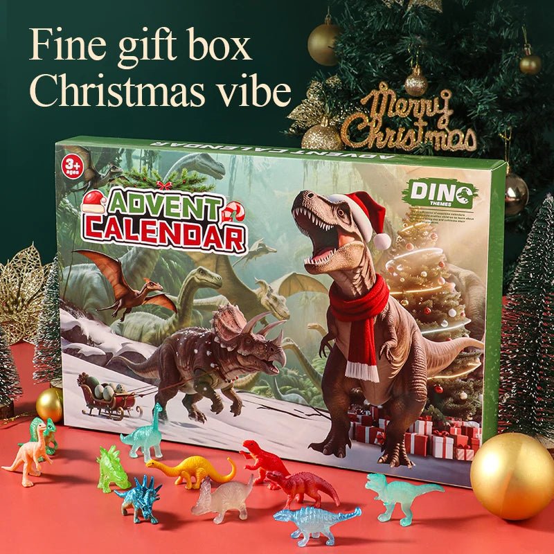 Samling av forhistoriske dinosaurfigurer fra julekalenderen, inkludert Triceratops og Stegosaurus, fantasifull lek