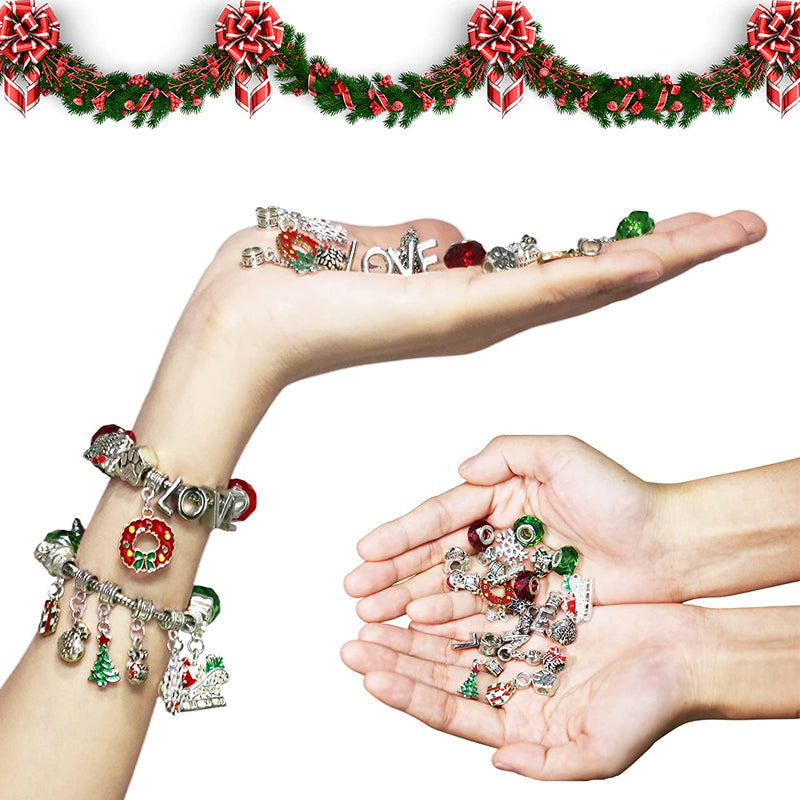 "Julekalender med armbåndsett: 24 dagers nedtelling, inkluderer perler og anheng for å lage et unikt, personlig armbånd."