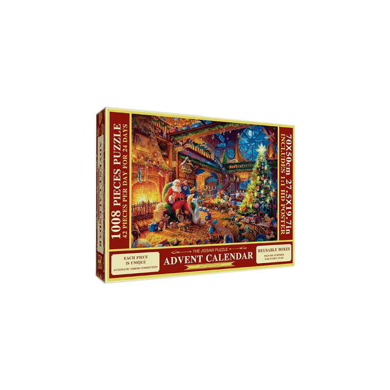 "Julepuslespill Adventskalender, 24-dagers nedtelling med fargerike puslespillbiter i esker, perfekt for familien."