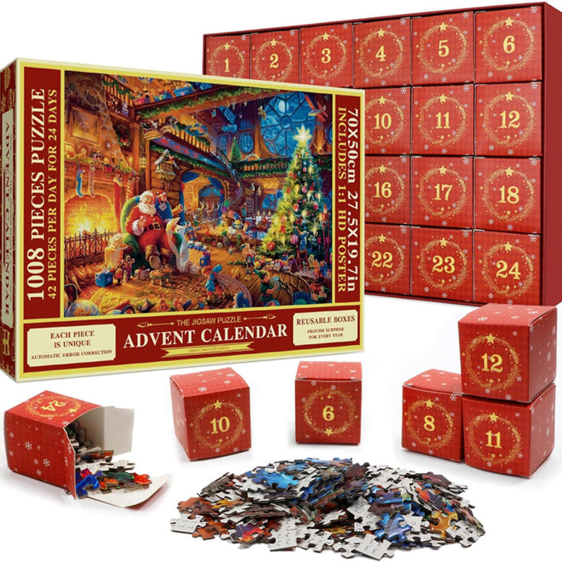 "Julepuslespill Adventskalender, 24-dagers nedtelling med fargerike puslespillbiter i esker, perfekt for familien."