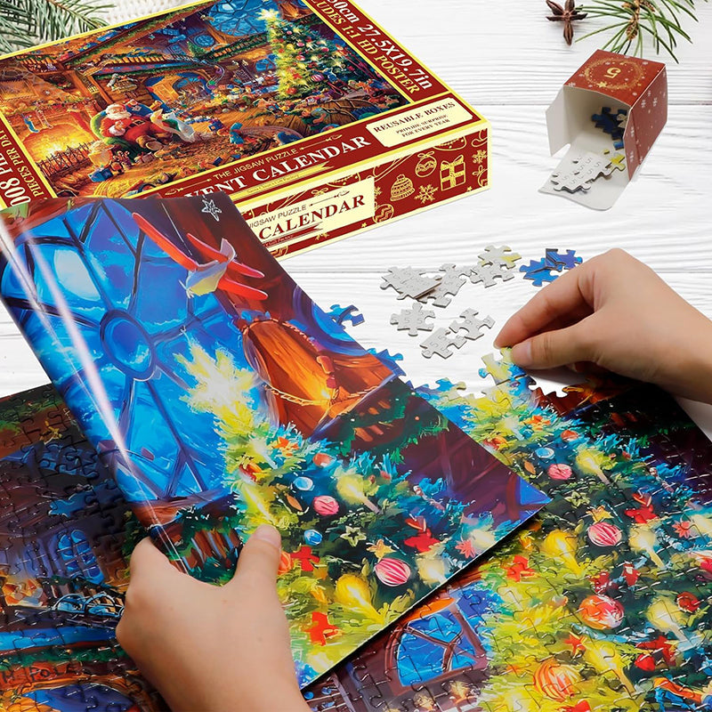 "Julepuslespill Adventskalender, 24-dagers nedtelling med fargerike puslespillbiter i esker, perfekt for familien."