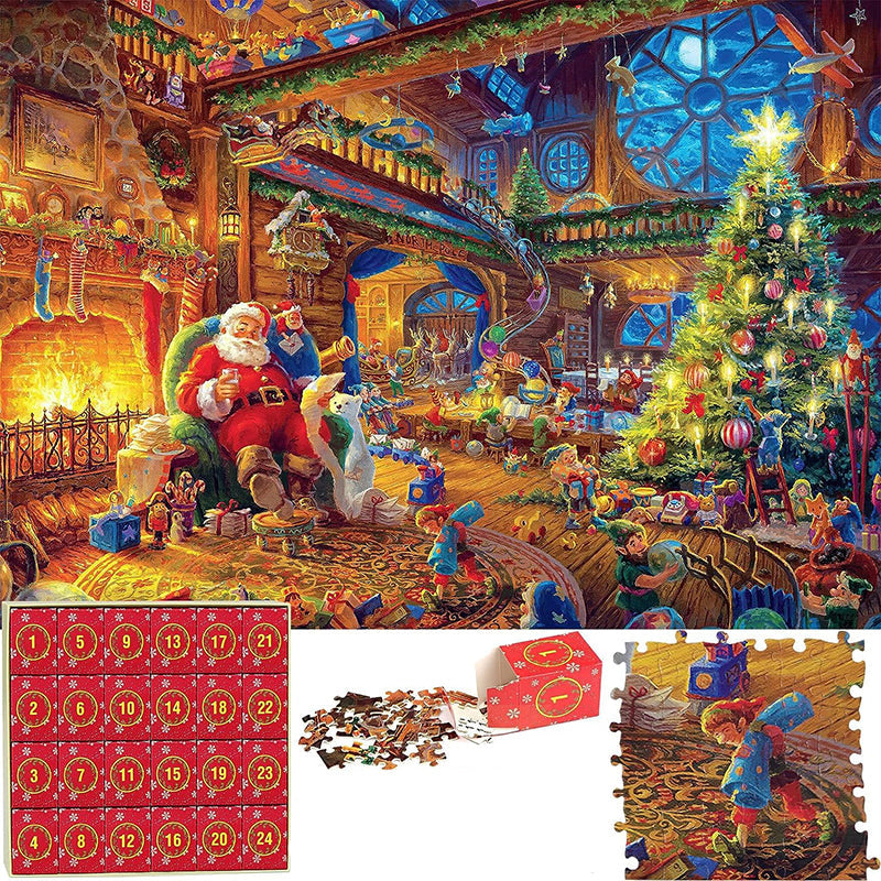 "Julepuslespill Adventskalender, 24-dagers nedtelling med fargerike puslespillbiter i esker, perfekt for familien."