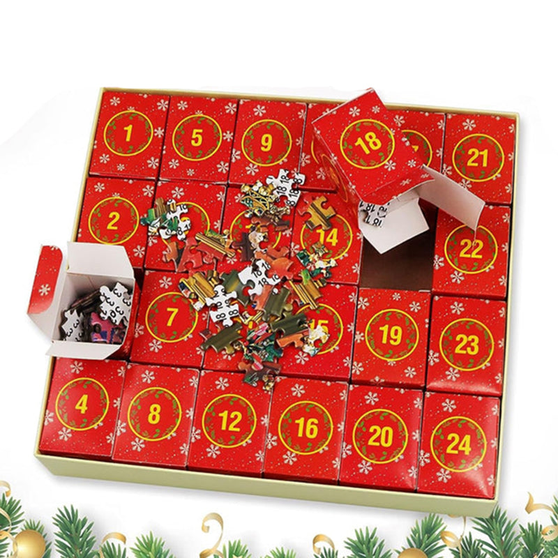 "Julepuslespill Adventskalender, 24-dagers nedtelling med fargerike puslespillbiter i esker, perfekt for familien."