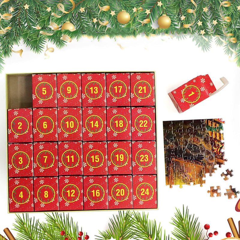 "Julepuslespill Adventskalender, 24-dagers nedtelling med fargerike puslespillbiter i esker, perfekt for familien."