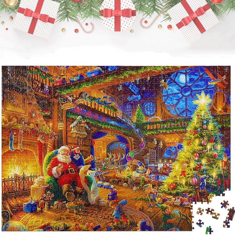 "Julepuslespill Adventskalender, 24-dagers nedtelling med fargerike puslespillbiter i esker, perfekt for familien."