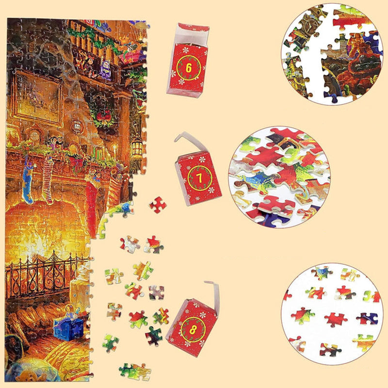 "Julepuslespill Adventskalender, 24-dagers nedtelling med fargerike puslespillbiter i esker, perfekt for familien."