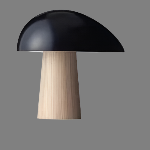 Juno bordlampe i skandinavisk stil med soppformet skjerm, metalliske detaljer og LED-lys, perfekt for moderne hjem.