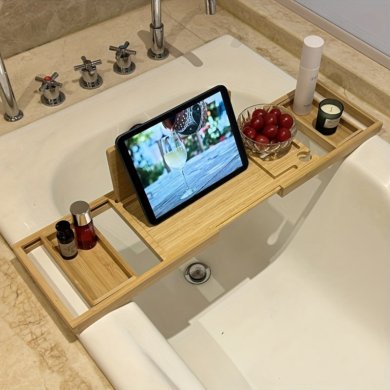 Smart baderomsutstyr: Justerbart badekar caddy som holder bok, nettbrett og drikke trygt under badet.