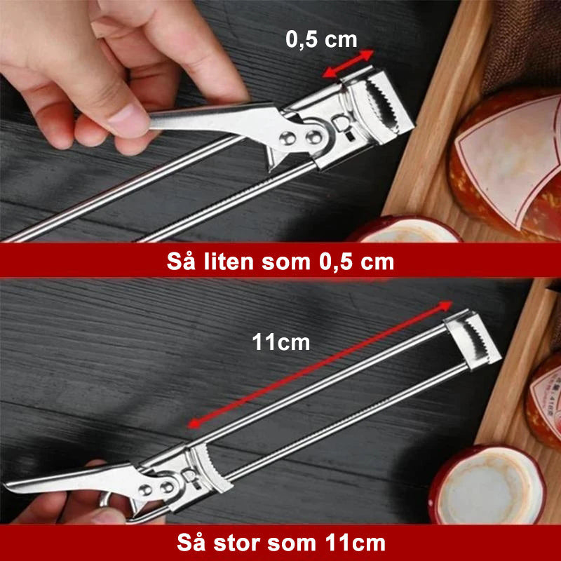 "Justerbar boksåpner i rustfritt stål med ergonomisk håndtak, skinnende overflate og moderne design for flasker i ulike størr