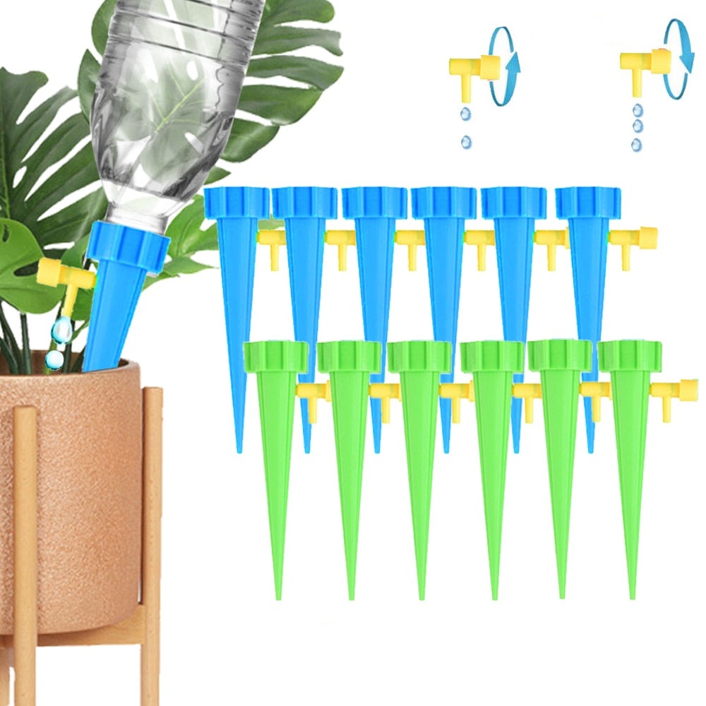 "Justerbar selv-vanningspig for planter, enkel vanning, justerbar ventil, grønn plast med vannstrømningskontroll."