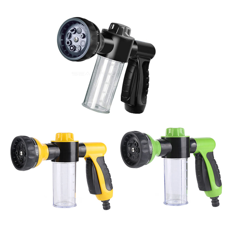 "Justerbar skum vaskepistol for bilrengjøring, grønn med svart, ergonomisk grip og gummidyse for tilpasning av spray."