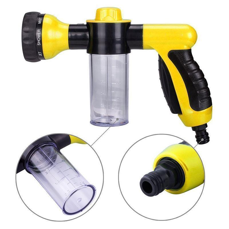 "Justerbar skum vaskepistol for bilrengjøring, grønn med svart, ergonomisk grip og gummidyse for tilpasning av spray."