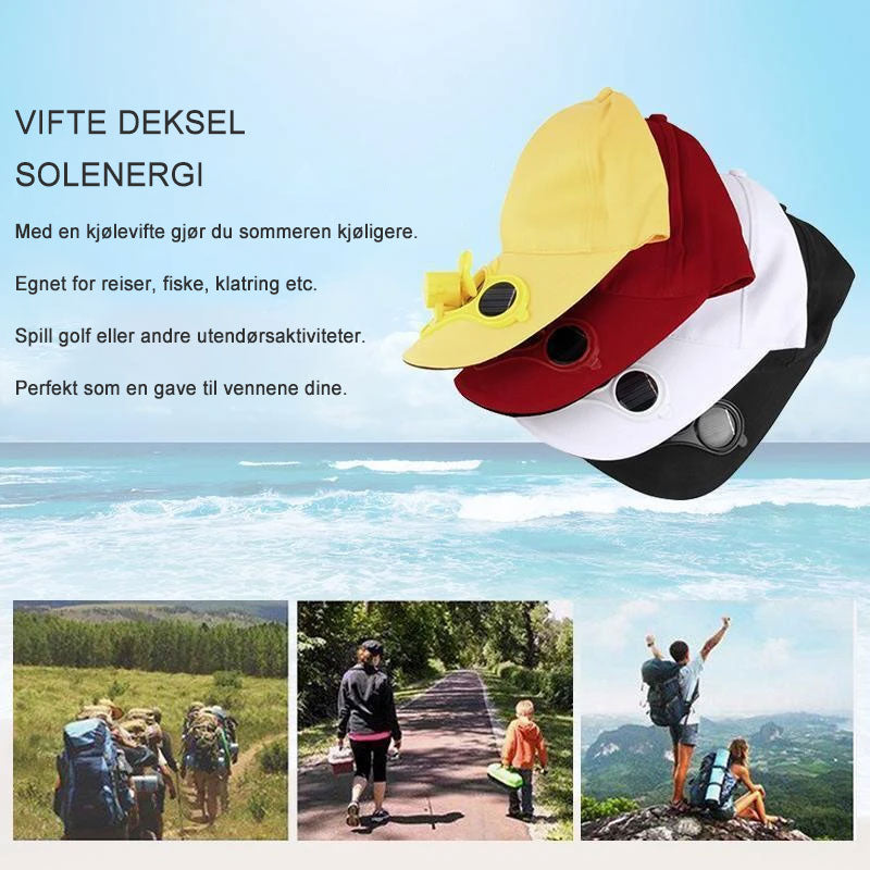 "Justerbar solcelledrevet hatt med innebygd vifte, pustende polyester, tilgjengelig i svart, blå, rød, gul og hvit."