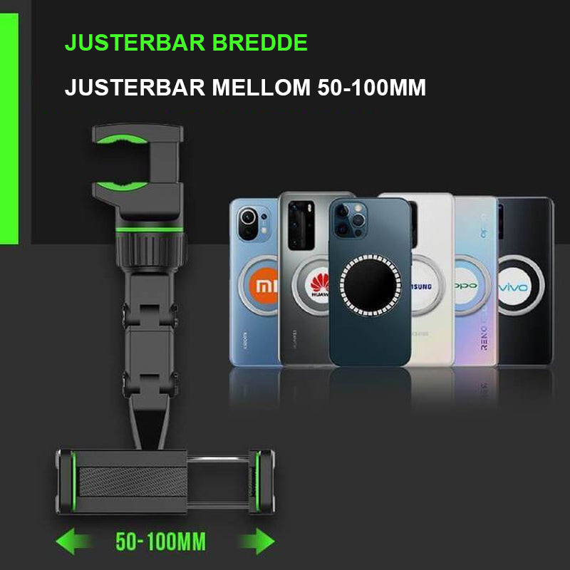 "Justerbar svart mobilholder for bil, 960° rotasjon, handsfree opplevelse. Passer de fleste mobiltelefoner."
