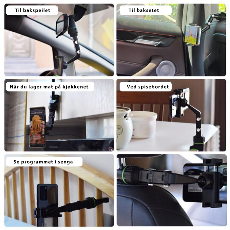 "Justerbar svart mobilholder for bil, 960° rotasjon, handsfree opplevelse. Passer de fleste mobiltelefoner."