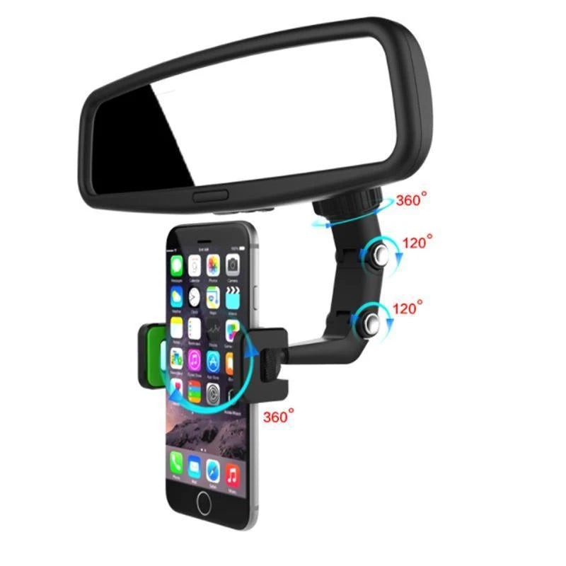 "Justerbar svart mobilholder for bil, 960° rotasjon, handsfree opplevelse. Passer de fleste mobiltelefoner."