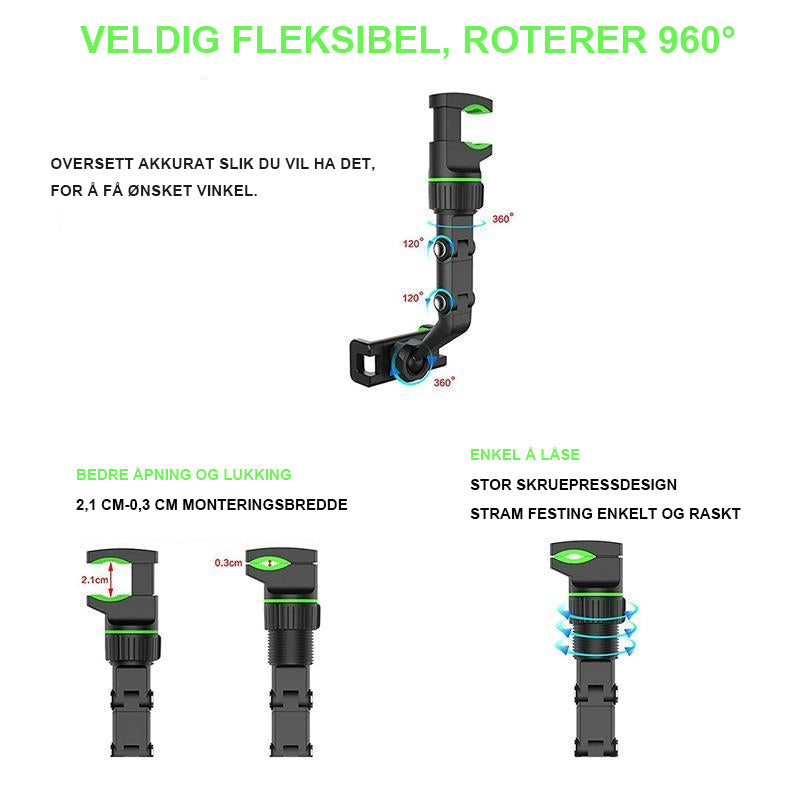 "Justerbar svart mobilholder for bil, 960° rotasjon, handsfree opplevelse. Passer de fleste mobiltelefoner."