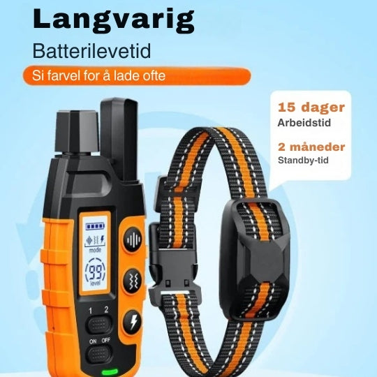 "Justérbart, svart fjernstyrt dressurhalsbånd med lang rekkevidde og solid, vanntett design for alle værforhold."