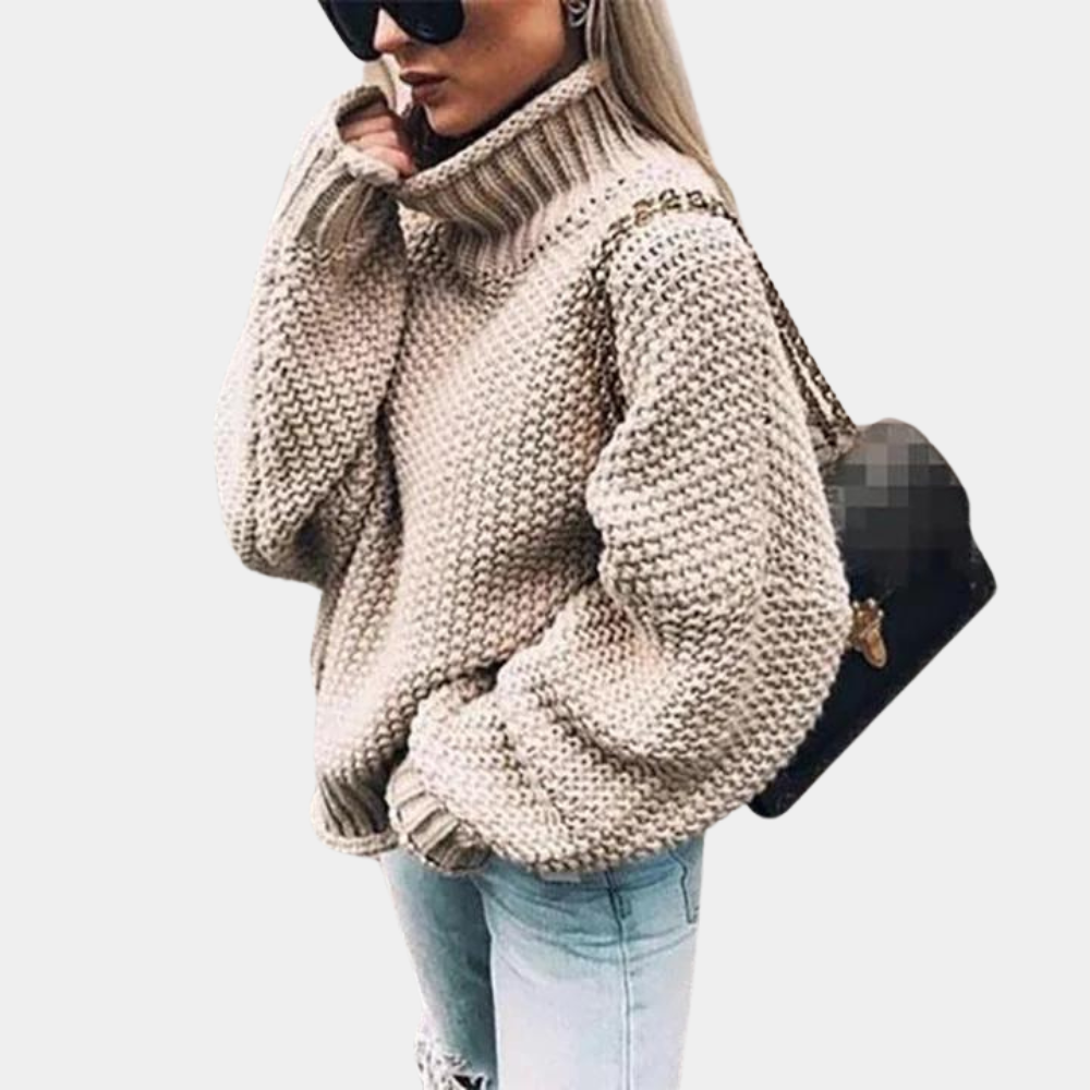 "Kabelstrikket turtleneck genser i khaki, tykk og elegant for kvinner, perfekt for varme i kalde dager"