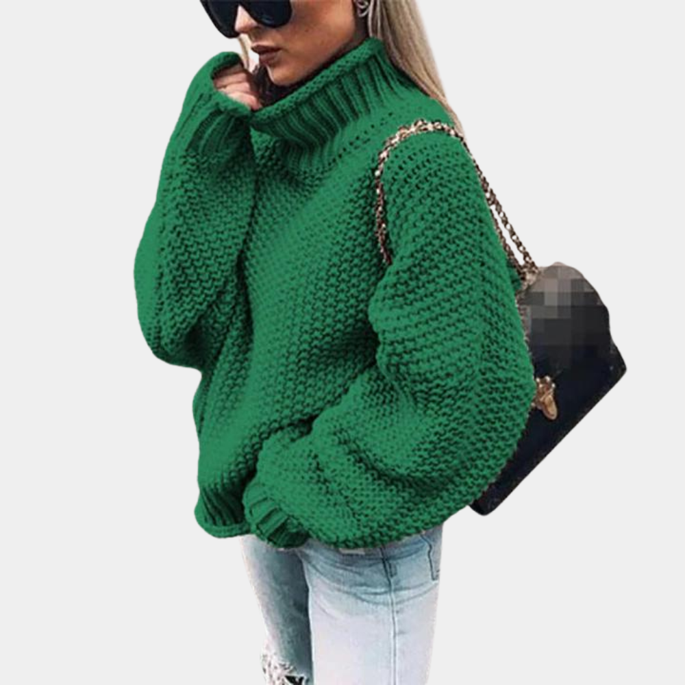 "Kabelstrikket turtleneck genser i khaki, tykk og elegant for kvinner, perfekt for varme i kalde dager"
