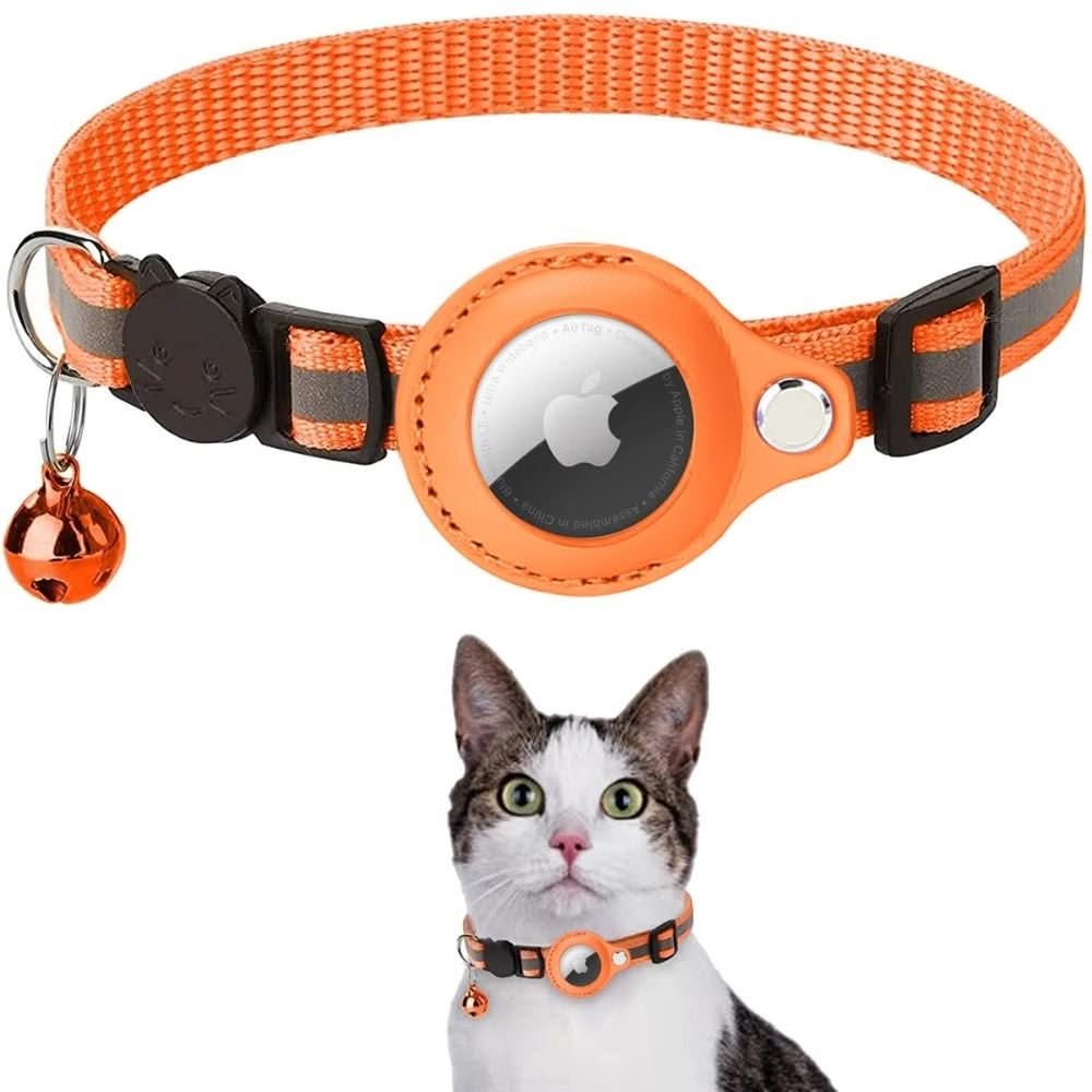 Sikkerhets halsbånd for katt med GPS-lomme, oransje farge, reflekterende for synlighet om natten, justerbar passform.