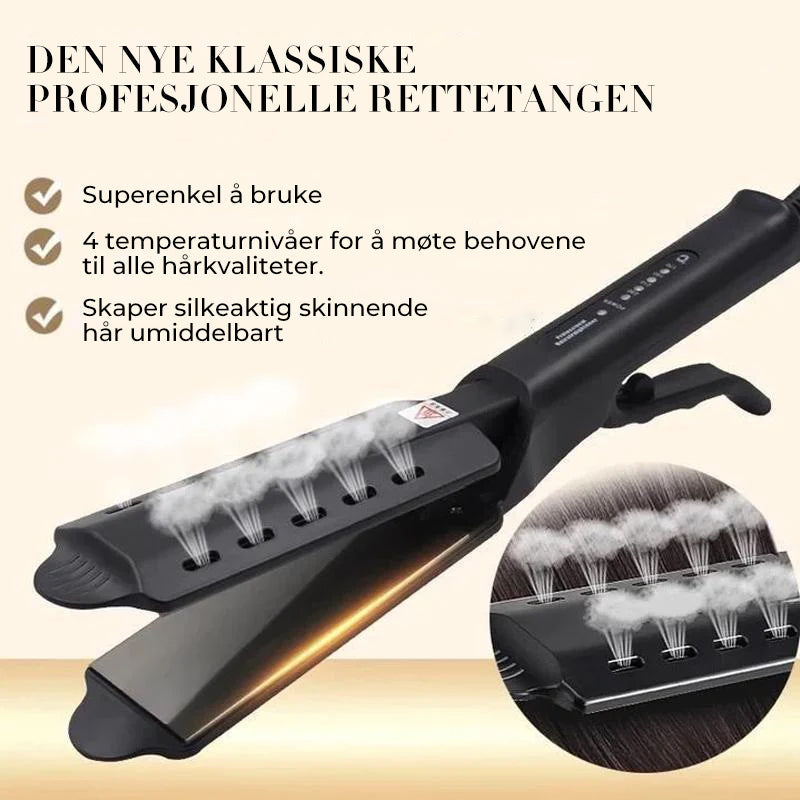 "Keramisk rettetang med turmalinbelegg, slank design, svart farge, ergonomisk håndtak, reduserer krus og beskytter hår."