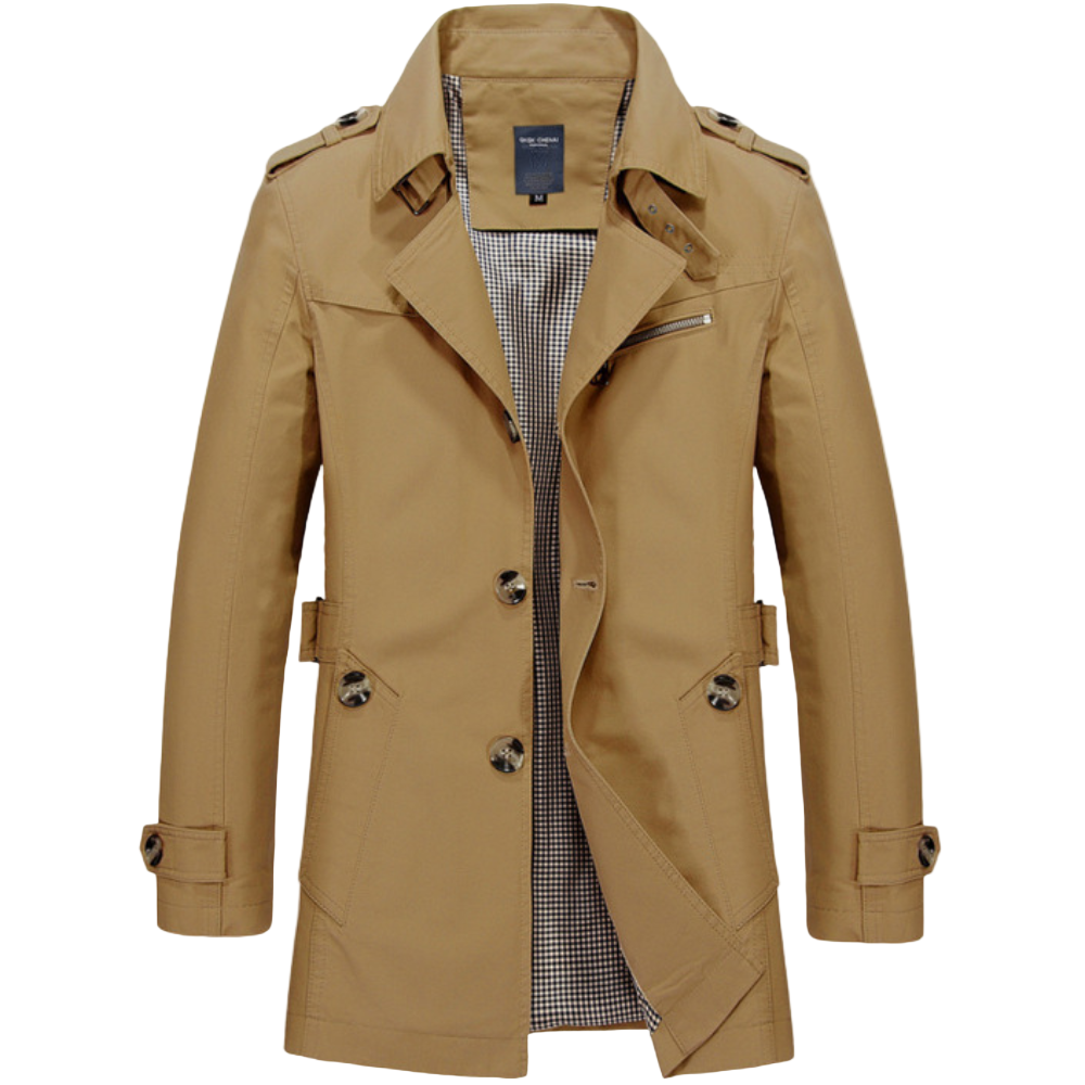 Klassisk beige herre trenchcoat med belte, perfekt for tidløs eleganse. En stilig overgangsjakke for menn.