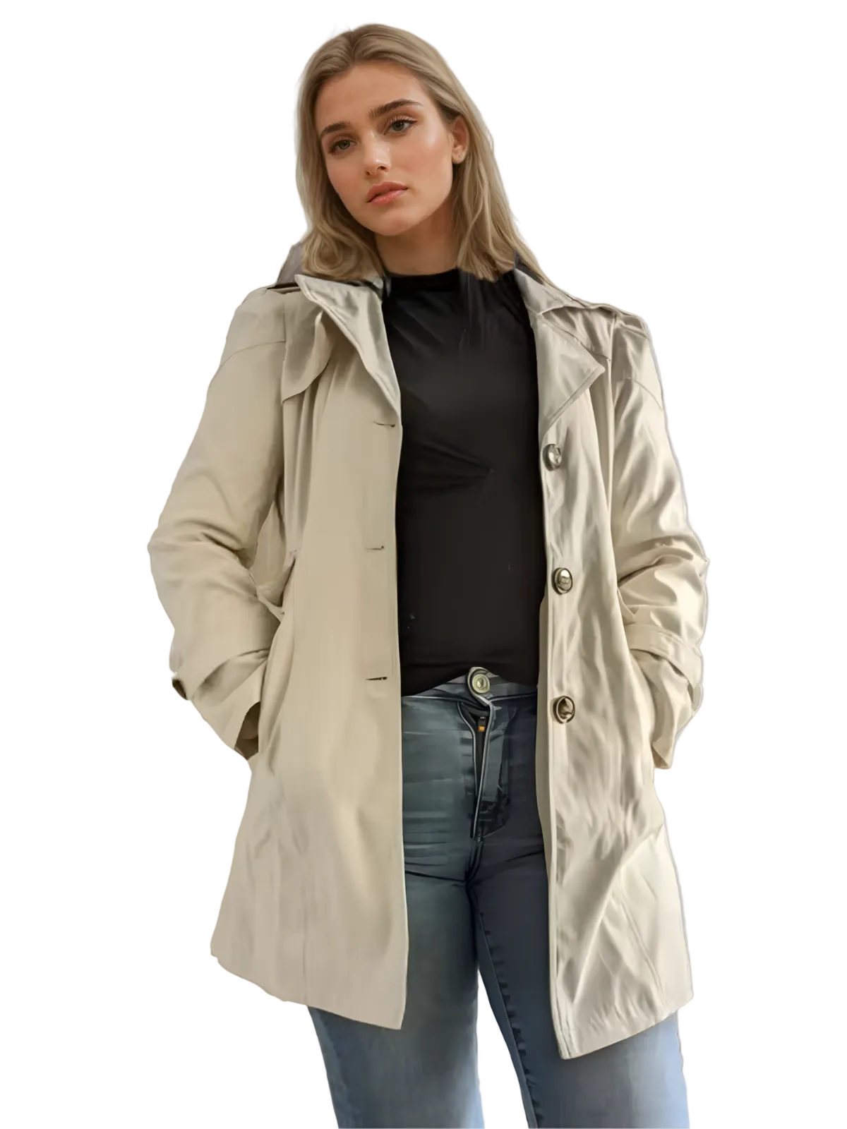 Klassisk beige trenchcoat for kvinner, tidløs stil. Perfekt vårjakke for elegant hverdagsbruk.