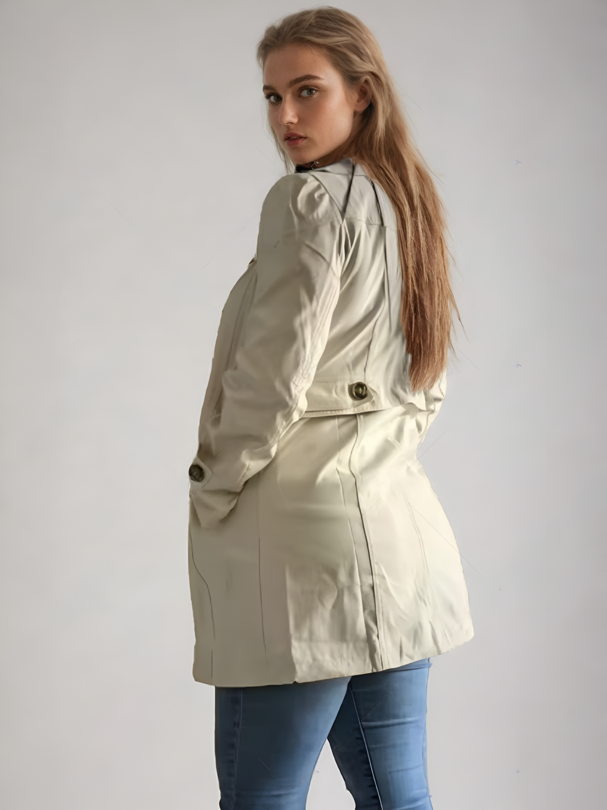 Elegant dame trenchcoat, ideell for kontorstil og stilfull vår/høst. En tidløs damefrakk.