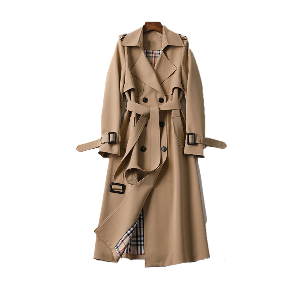 Elegant dame trenchcoat med dobbel rad knapper og belte, et tidløst ytterplagg for motebevisste.