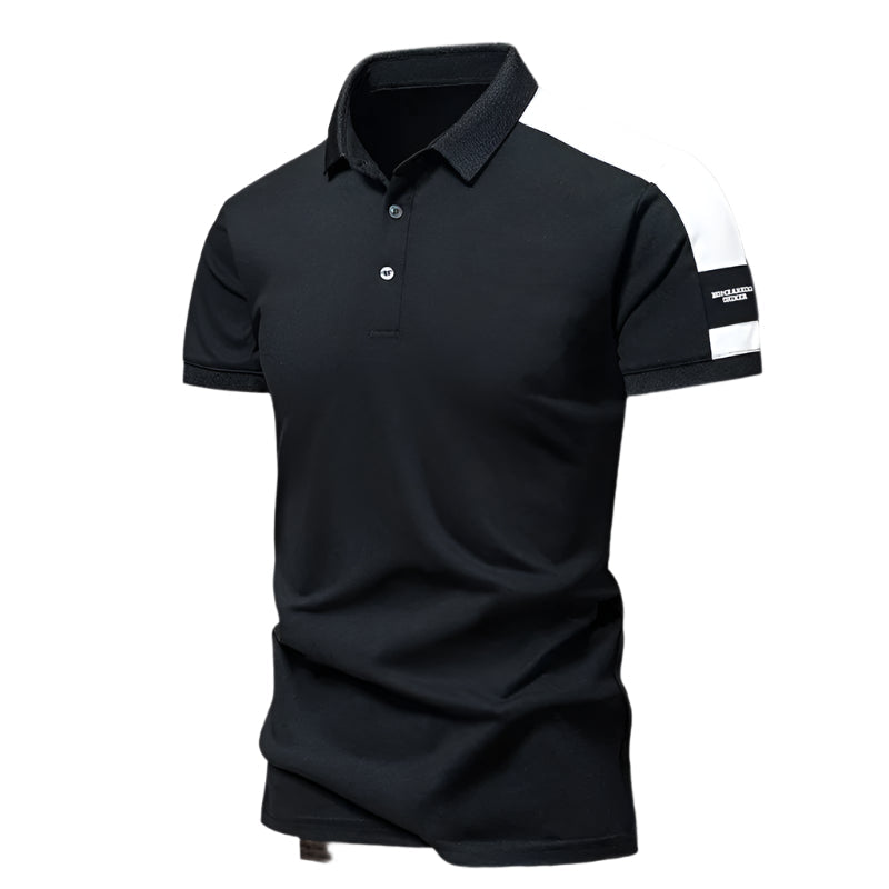 Komfortabel svart herrepolo, kortarmet design. Perfekt casual polo for menn, ideell for sommer og hverdag.