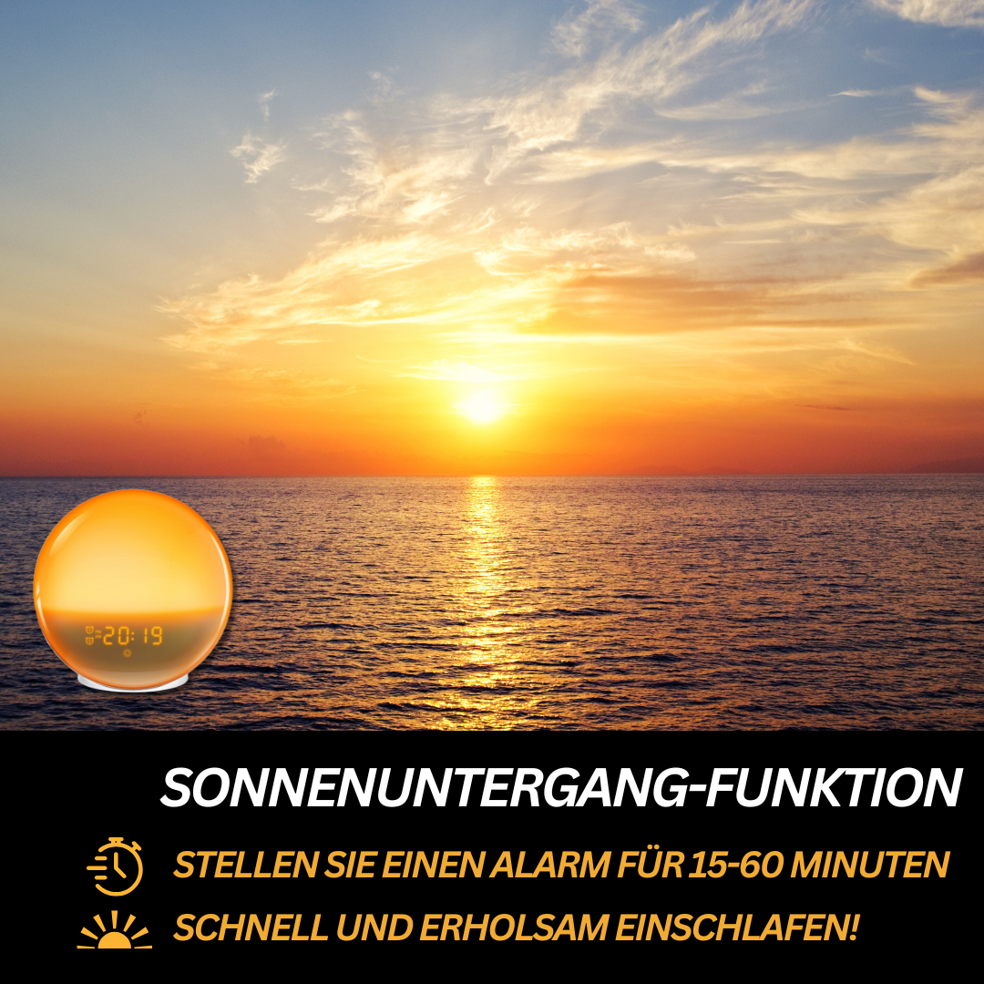 Appstyrt klokkeradio i gul design med soloppgang og solnedgang simuleringsfunksjon