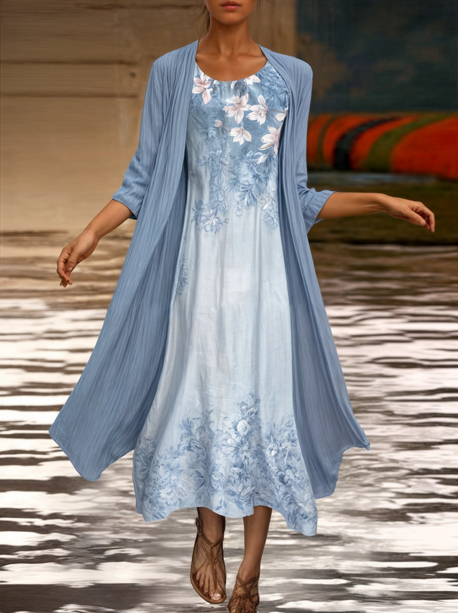 Motebevisst knelang kvinnekjole med delikat blomstertrykk og cardigan for en elegant stil.