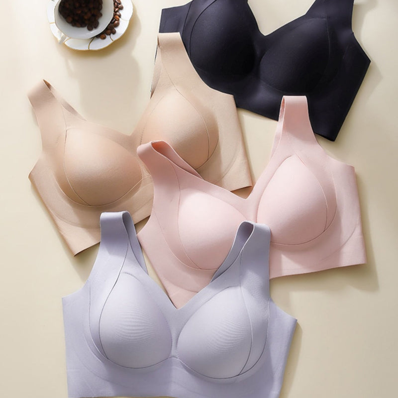 "Komfortabel trådløs BH med full dekning, sidesupport og anti-sag i beige nylon, perfekt for daglig bruk."