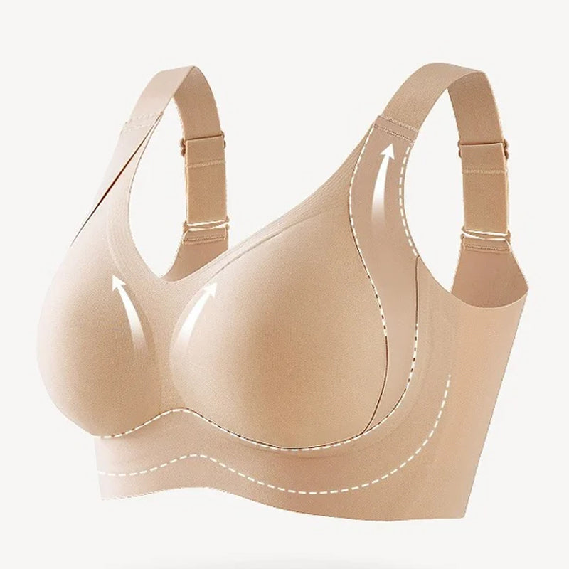 "Komfortabel trådløs BH med full dekning, sidesupport og anti-sag i beige nylon, perfekt for daglig bruk."