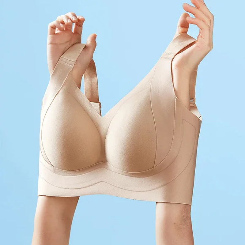 "Komfortabel trådløs BH med full dekning, sidesupport og anti-sag i beige nylon, perfekt for daglig bruk."