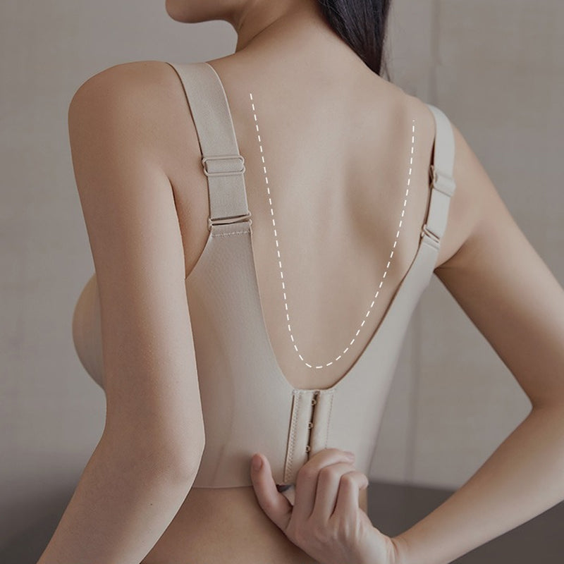"Komfortabel trådløs BH med full dekning, sidesupport og anti-sag i beige nylon, perfekt for daglig bruk."