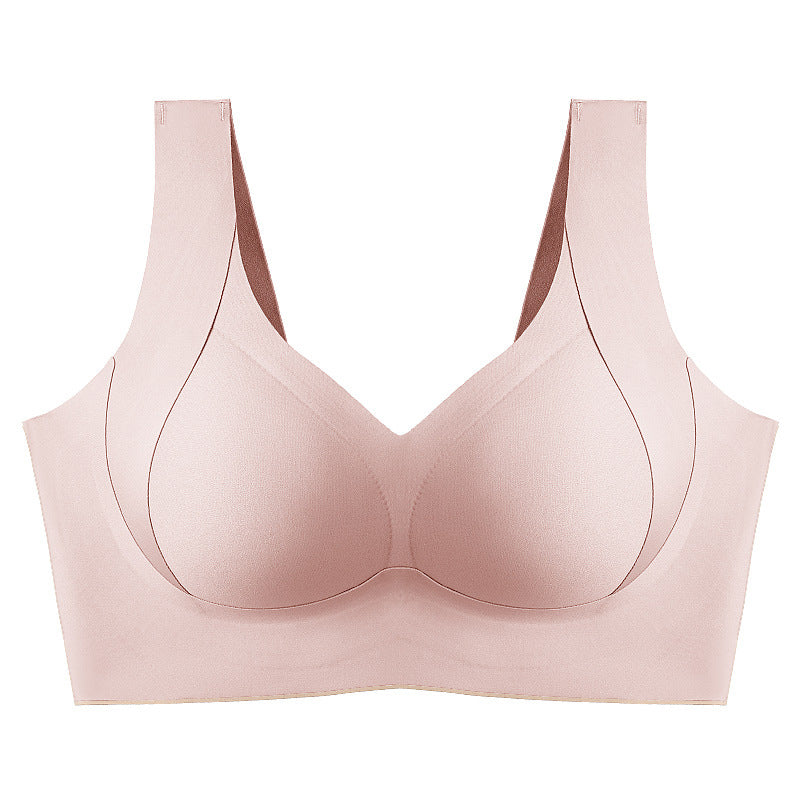 "Komfortabel trådløs BH med full dekning, sidesupport og anti-sag i beige nylon, perfekt for daglig bruk."