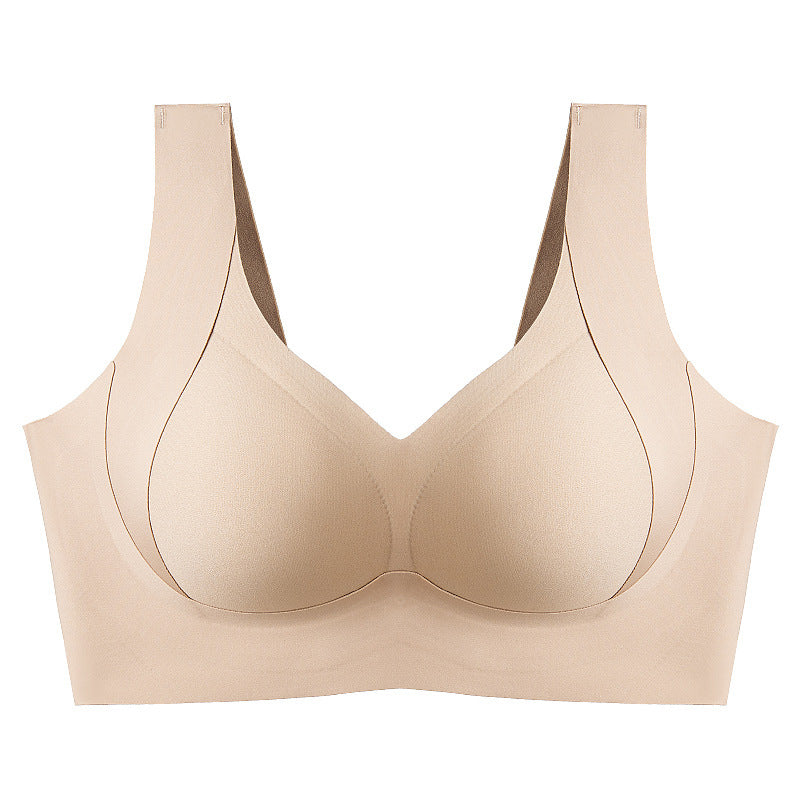 "Komfortabel trådløs BH med full dekning, sidesupport og anti-sag i beige nylon, perfekt for daglig bruk."