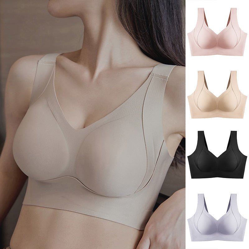 "Komfortabel trådløs BH med full dekning, sidesupport og anti-sag i beige nylon, perfekt for daglig bruk."