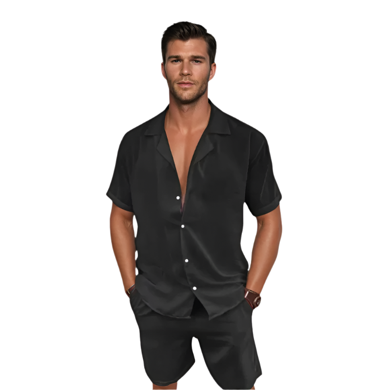 Komfortabelt herre v-hals skjorte & shorts sett for sommer. Avslappet herremote, perfekt strandtøy og hverdagsklær.