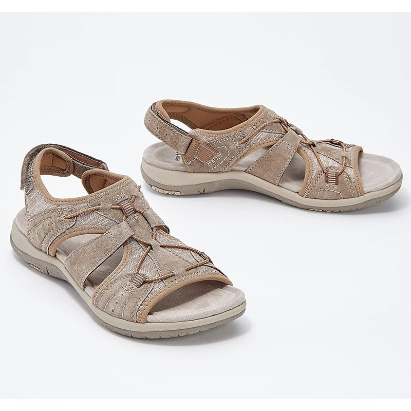 Komfortsko for kvinner, grå sandaler med mykt fôr og støtdempende fotseng, perfekte for sommer.