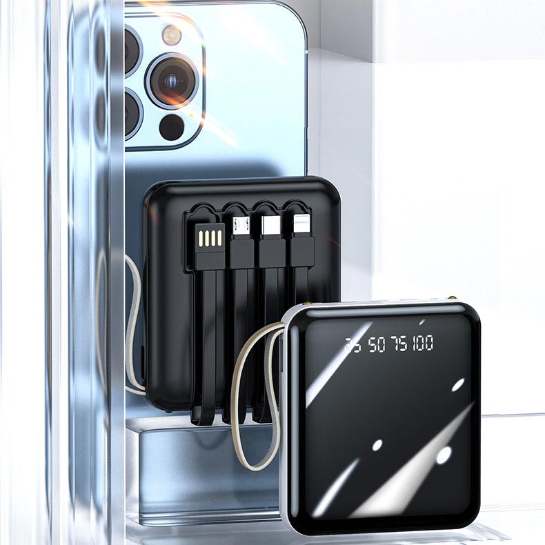 Sort minilader 20000mAh, bærbar powerbank med USB-C, Lightning og Micro-USB kabler