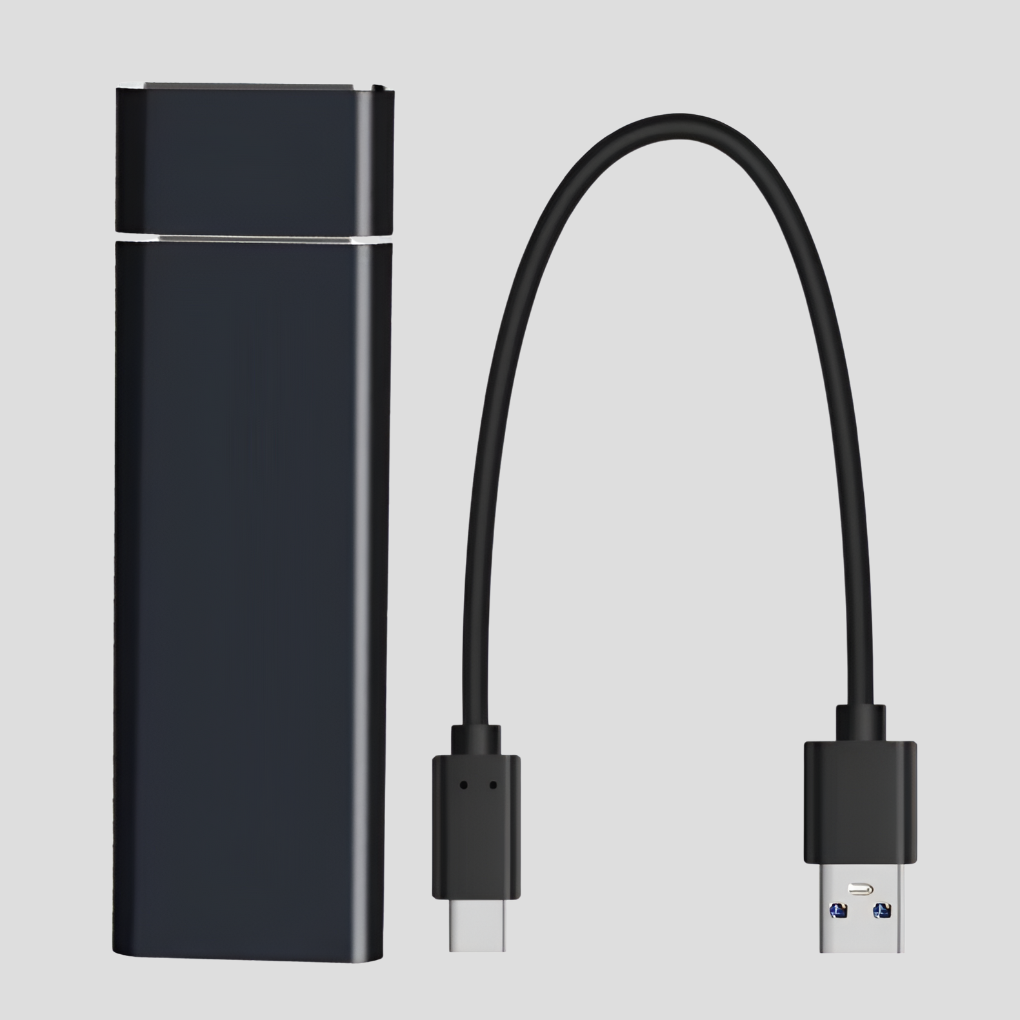 "Kompakt bærbar SSD med 8TB kapasitet, grått metallhus, USB 3.0, gir lynrask dataoverføring og trygg lagring."