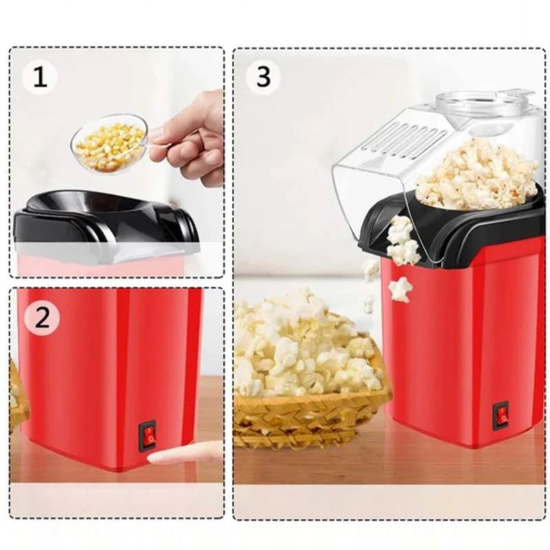 "Kompakt elektrisk popcornmaskin i rustfritt stål, stilren design. Ideell for rask hjemmebruk, enkel å betjene."