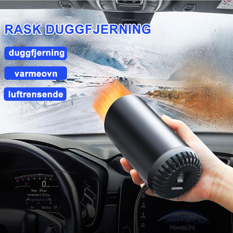 "Kompakt koppformet varmluftblåser til bil. Rask oppvarming og flerbruksdesign passer i koppholderen din."